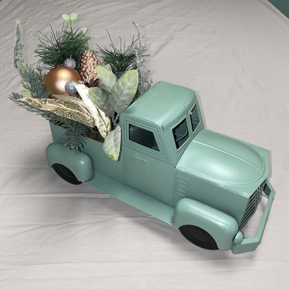 12” Mint Green Metal Truck Planter Floral Centerpiece Farmhouse Wedding Decor